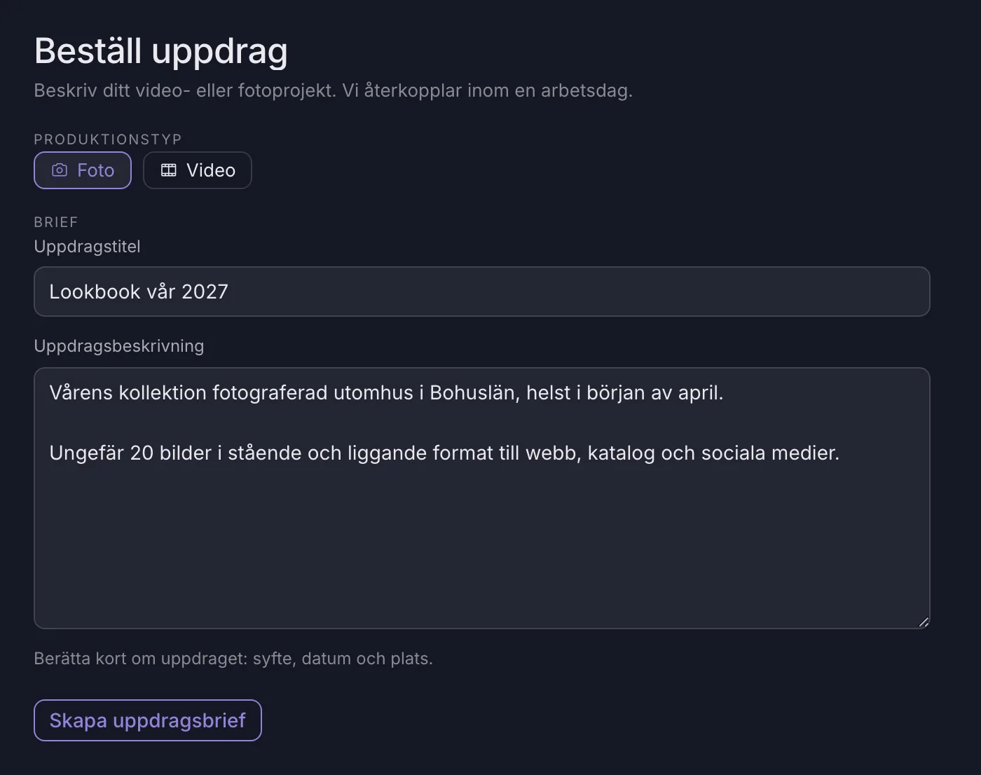 Beställningsformuläret med produktionstyp, titel och beskrivning