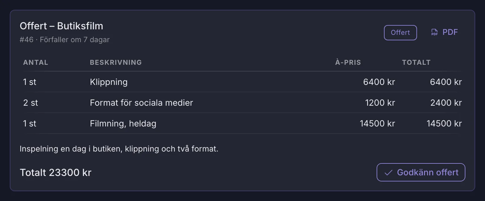 En offert med rader, totalbelopp och knapp för att godkänna