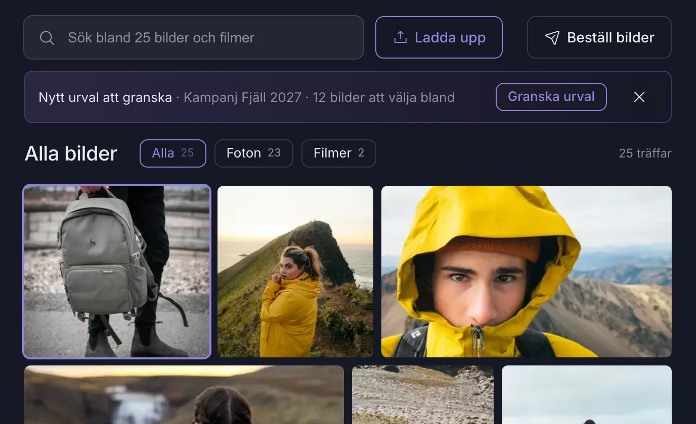 Bildbanken med sökfält, filter för foton och filmer och de senaste bilderna